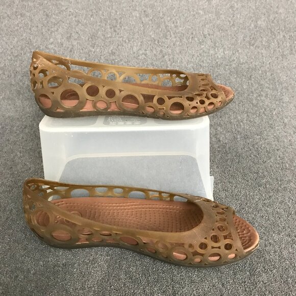 Crocs Adrina Peep Toe Circle Cutout Brown Jelly Slip On Ballet Flats Womens SZ 6 - Picture 3 of 9